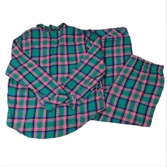 Victoria's Secret Green Pink Plaid Long Sleeve Wide Leg Pajama Pants Set Large - Picture 8 of 16